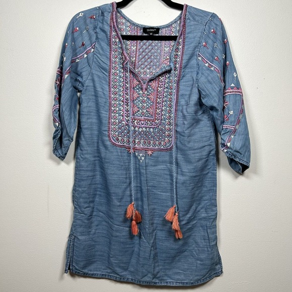 Tolani Tops - Tolani Women XS Blue Chambray 3/4 Sleeve Top Blouse Embroidered Boho